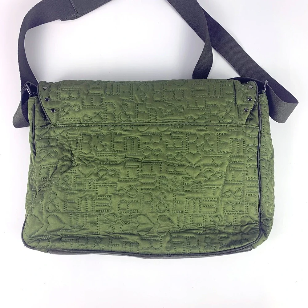 R & Em Green Quilted Messenger‎ Bag Studded Trim School Computer Sling SEE/READ